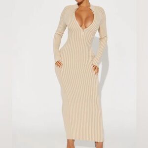Fashion Nova Beige Long Sleeve Dress